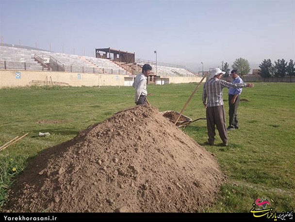 ترمیم چمن استادیوم شهید علوی نژاد خلیل آباد آغاز شد + تصاویر