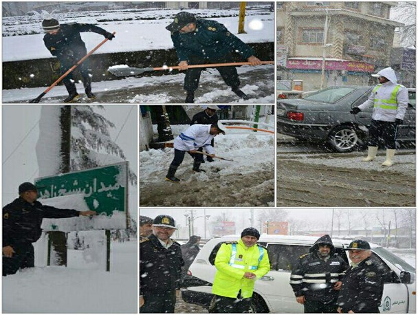 تلاش مضاعف پلیس همزمان با بارش برف در لاهیجان +عکس