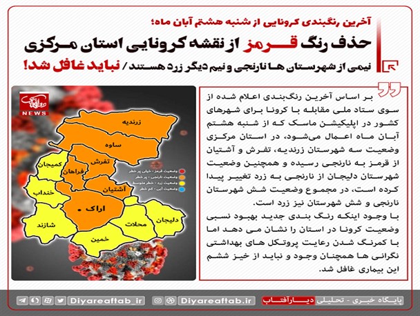 حذف رنگ قرمز از نقشه کرونایی استان مرکزی/ وضعیت نیمی از شهرستان ها نارنجی است