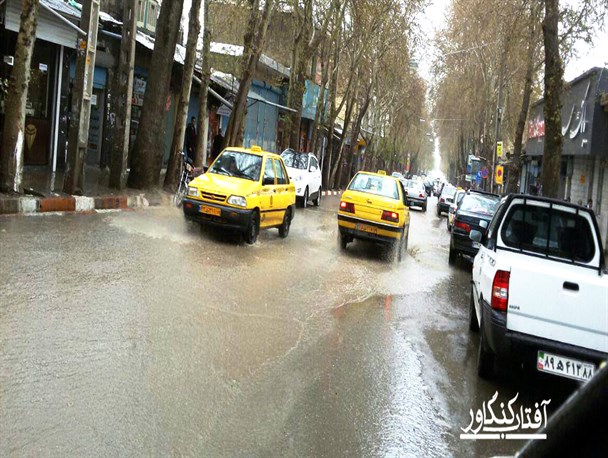 بارش های پربار بهاری در روزهای گذشته و خلق تصاویر زیبا در شهرستان کنگاور/ از آبگرفتگی معابر تا طغیان رودخانه ها