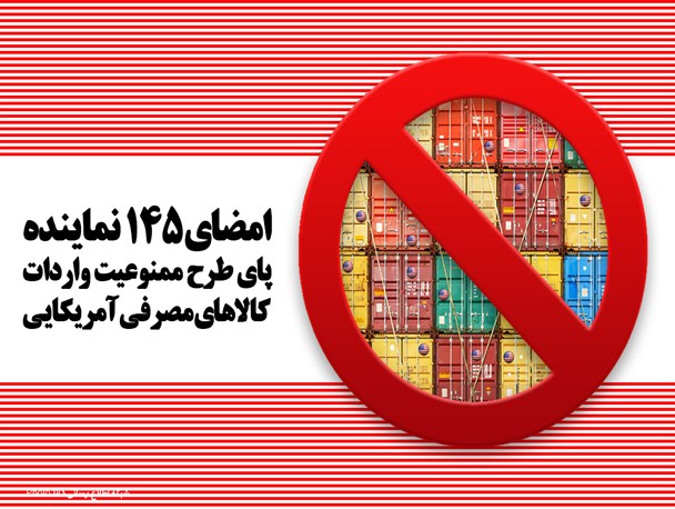 پوستر/امضای ۱۴۵ نماینده پای طرح ممنوعیت واردات کالاهای مصرفی آمریکایی