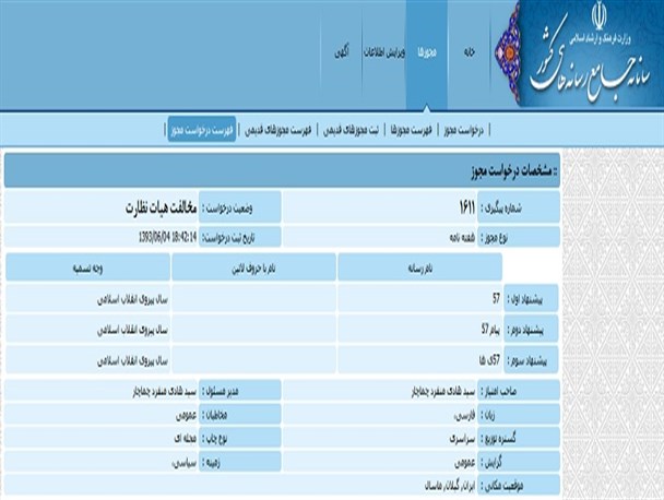 مخالفت هیأت نظارت بر مطبوعات با صدور مجوز هفته نامه 57