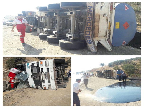 واژگونی یک دستگاه تانکر حامل سوخت نفت سیاه در محور کرمانشاه به اسلام آبادغرب