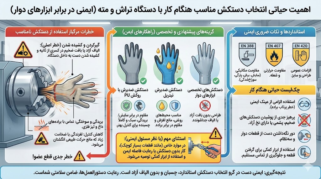 در هنگام کار با دستکش تراش یا مته می‌بایست از چه نوع دستکش حفاظتی استفاده نمود؟