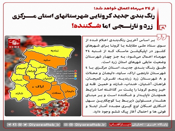 رنگ بندی جدید کرونایی شهرستان های استان مرکزی/ زرد و نارنجی اما شکننده!
