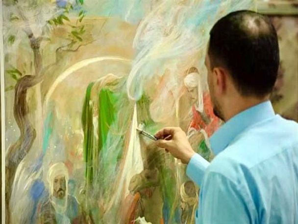 اجرای نقاشی صحنه ورود حضرت معصومه(س) به قم توسط حسن روح‌الامین